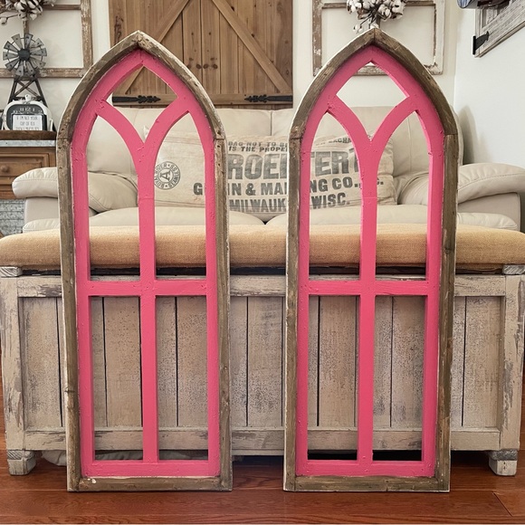 Rustic Chic Pink Modern Farmhouse Cathedral Arch Wood Wall Decor Set Of Two. - Picture 1 of 1